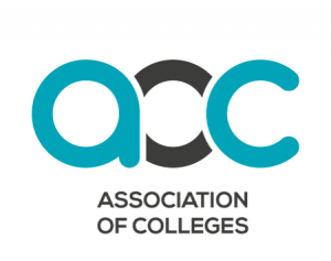 Aqua blue and navy AOC logo of Association of Colleges
