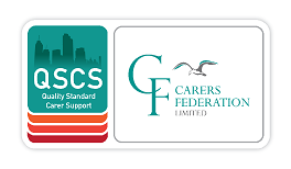 red, green and white logo for Carers federation, with text stating the name and a symbol of a bird